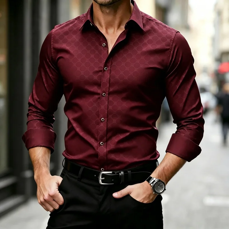 Men's shirt wine red dark patterned long sleeved shirt fashionable design slim fit business wedding casual long sleeved cardigan