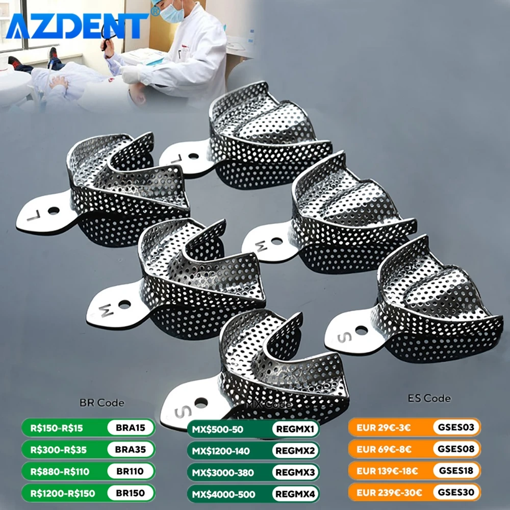 6pcs Dental Impression Tray AZDENT Stainless Steel Teeth Trays Autoclavable Instrument Dentist Tools Lab Large Small Middle Size