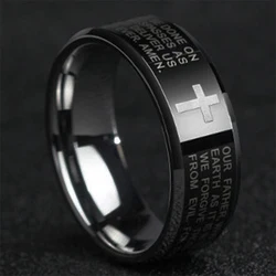 8MM Black Stainless Steel Jesus Bible Prayer Cross Stainless Steel Ring Christian Women's Ring Birthday Gift Jewelry