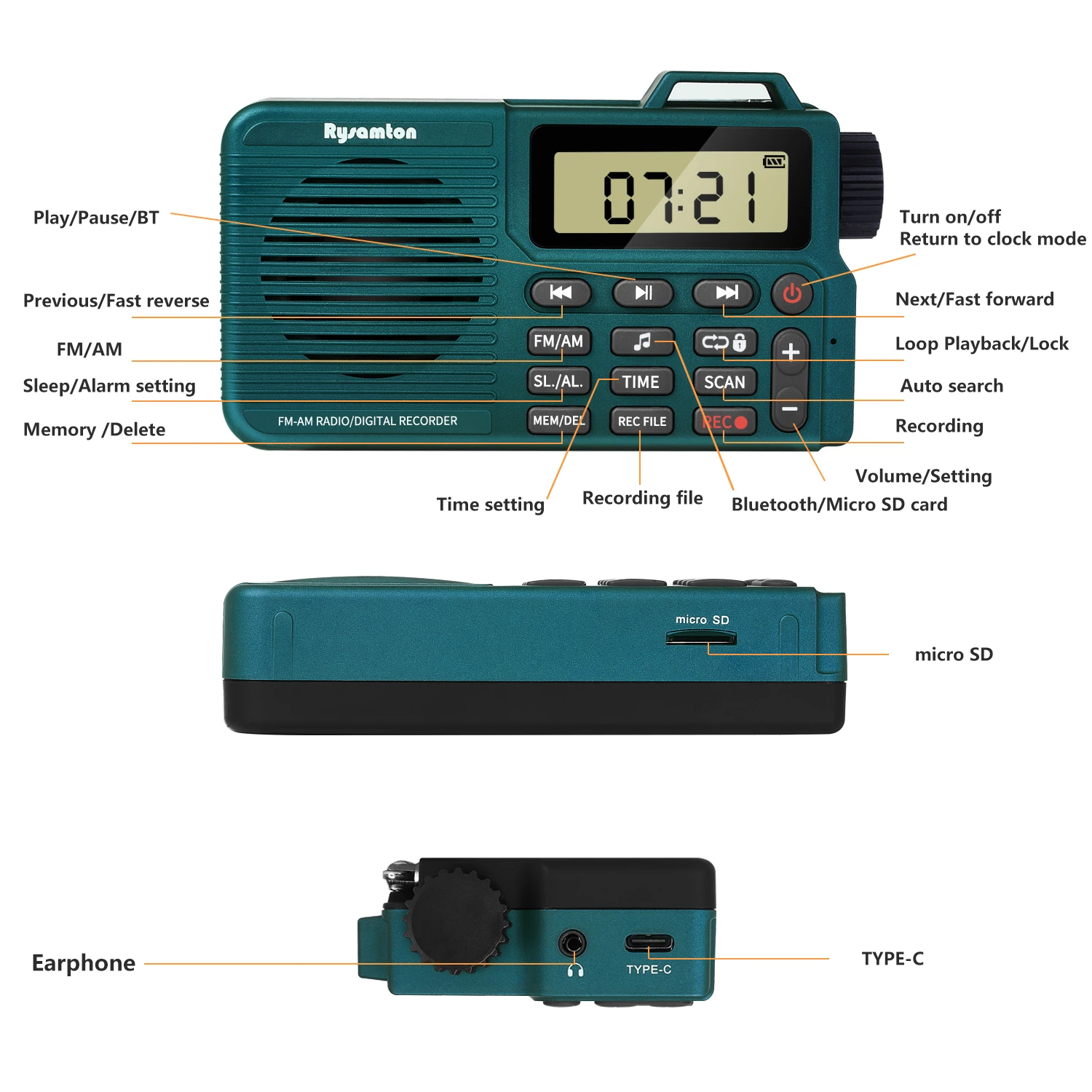 Tragbares AM/FM-Radio, kleines Taschenradio mit Bluetooth, Basslautsprecher, unterstützt Micro-SD-Karte und Aufnahme, lange Akkulaufzeit – Detail 6