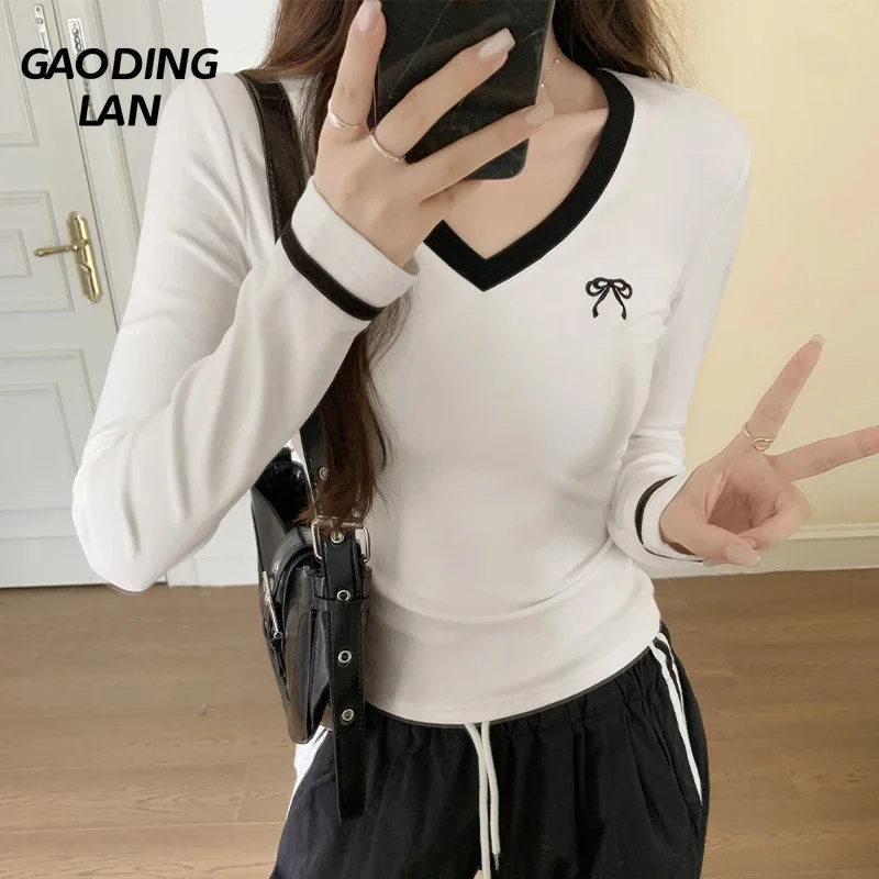 

GAODINGLAN Autumn Winter Women Long Sleeve Embroidered Base Shirt Contrast Color V Neck Female Tops Slim Waist Tight Sexy Tees