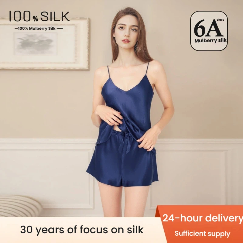 Women 2026 Spring Summer Sexy 100% Mulberry Silk Pajama Set Spaghetti Strap Shorts Luxury Soft Skin Friendly Loungewear