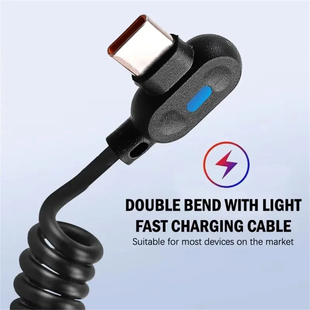 6A Fast Car Charger Cable Retractable USB C 90° Elbow Design with Spring for IPhone Samsung Tablet Laptop Carplay Wire Cords image 5