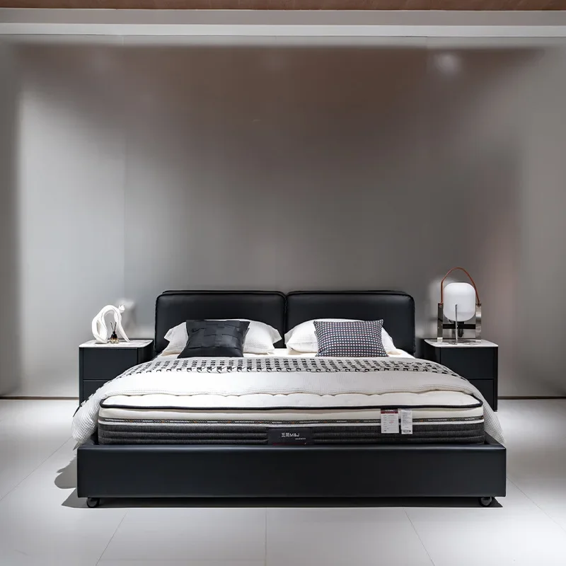 Big black cow leather bed first layer cowhide master bedroom simple double bed Italian minimalist