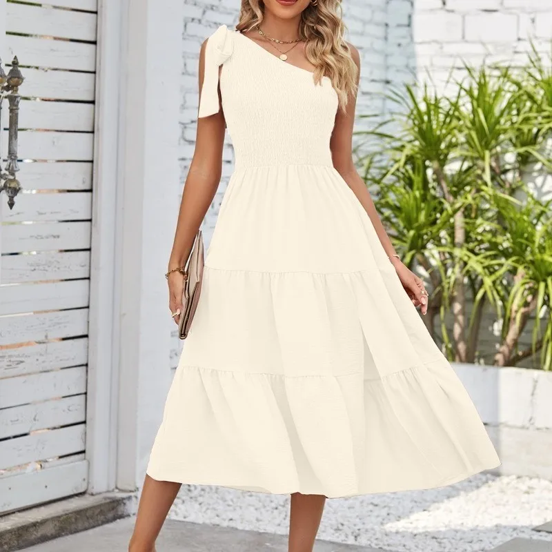 Abito lungo asimmetrico Abito da donna con nodo a cravatta monospalla Abito senza maniche smock jacquard Abito lungo con spacco in vita con cravatta a strati