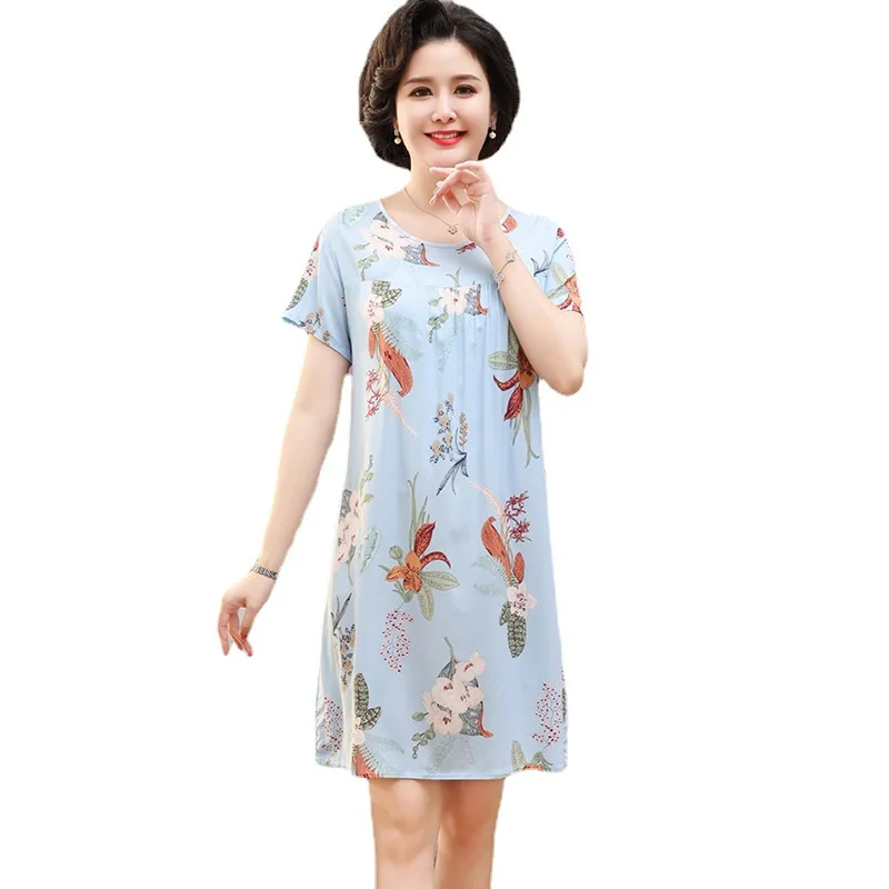 Cotton Silk Nightdress Women\'s Summer Short Sleeve Plus Size Loose Pajamas Loungewear Middle-Aged Nightdress Loungewear