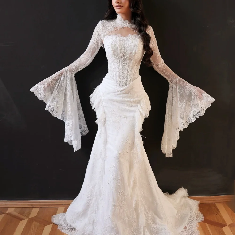 Maßgeschneiderte Spitzenkleider mit ausgestellten Ärmeln, elegante Damenkleider, formelle Abendkleider mit hohem Kragen, Meerjungfrauenkleider, lange Kleider für Hochzeiten und Partys