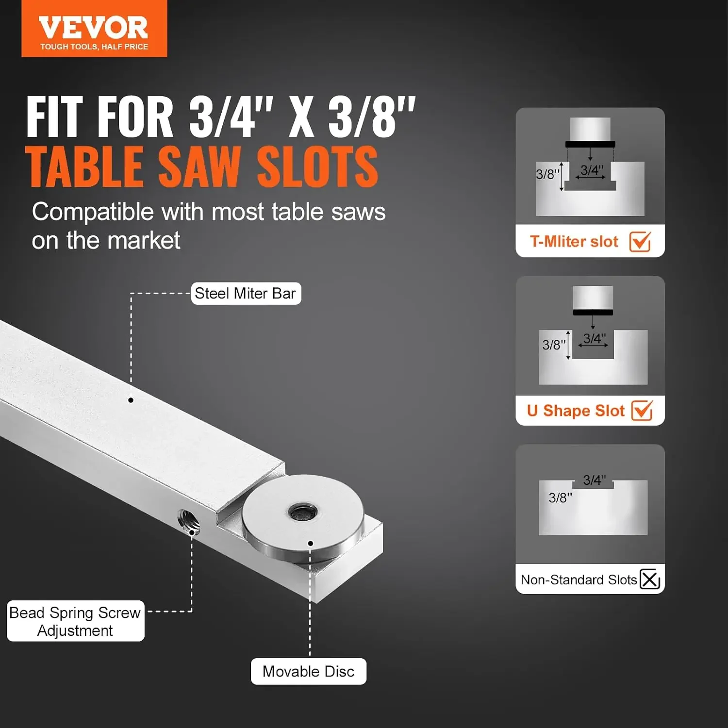 VEVOR Precision Miter Gauge, Standard Slot 3/4'' x 3/8'', Aluminum Alloy Table Saw Miter Gauge with 18 in Grating 15 Angle Stops