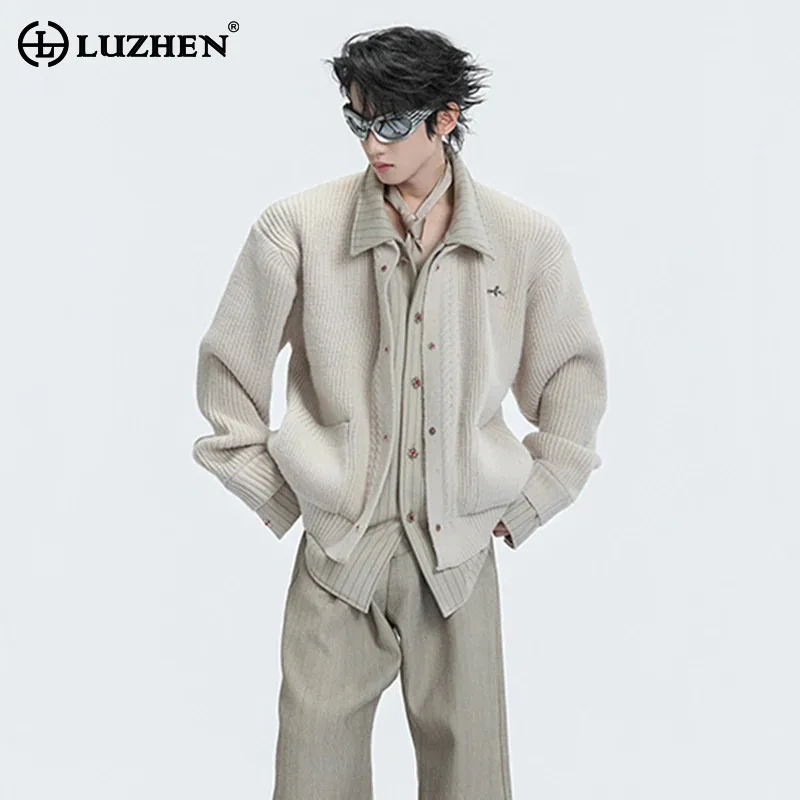 

LUZHEN 2025 Winter New Original Double Layer Fake Two Piece Design Knitted Cardigan Coat Men's Elegant Handsome Sweater JY5448