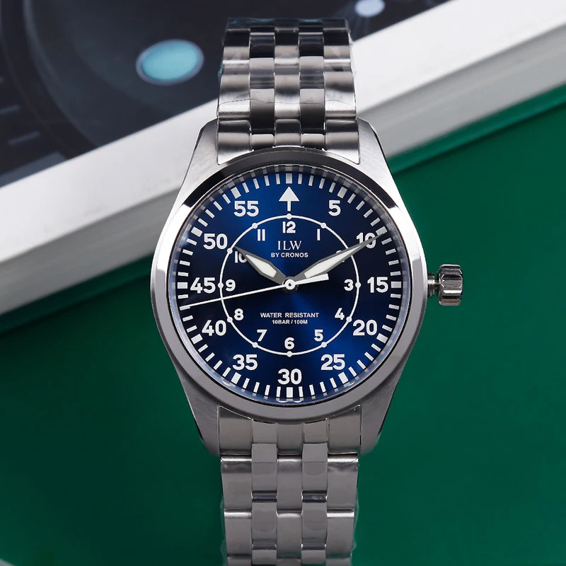 Cronos Pilot Flieger Men Watch 39mm Quartz VH31 Stainless Steel Super Lum Sapphire 5 Links Bracelet 100m Water Resistance L6057M