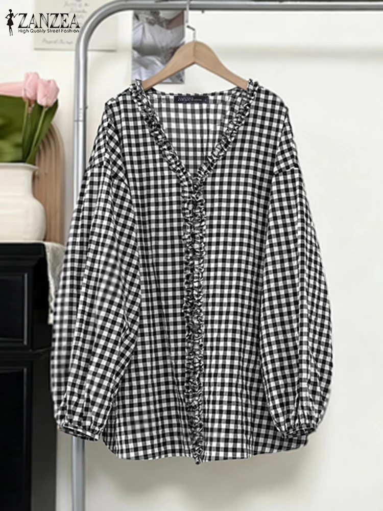 بلوزة خريفية من ZANZEA لعام 2025 بلوزات نسائية منقوشة بأكمام طويلة ورقبة على شكل V قميص عمل مكشكش قميص فضفاض غير رسمي Mujer فام