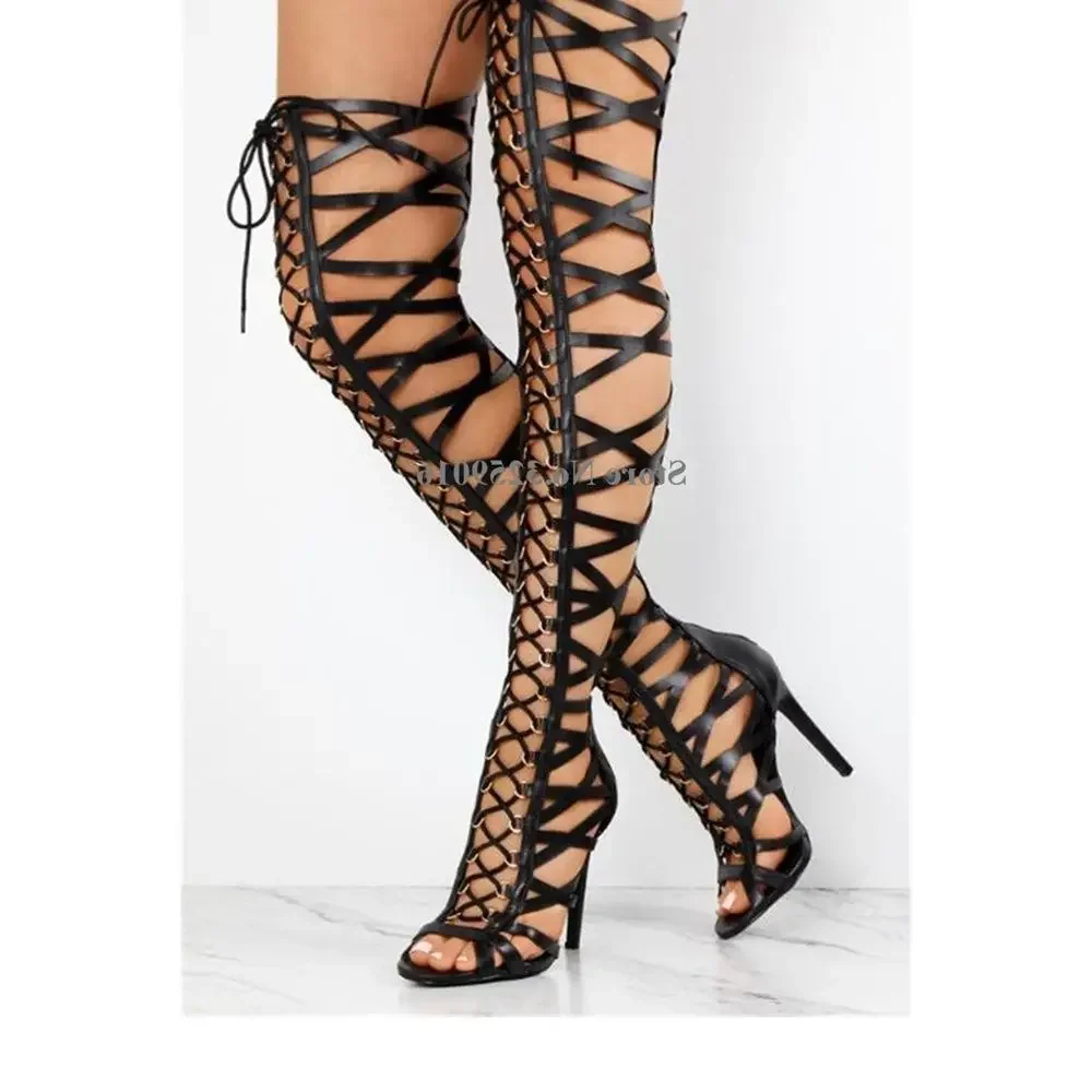 

Lace-up Straps Cross Over Knee Boots Gladiator Women Summer Sexy Cut-out Super High Heel Thigh Long Sandal Boots Dress Shoes