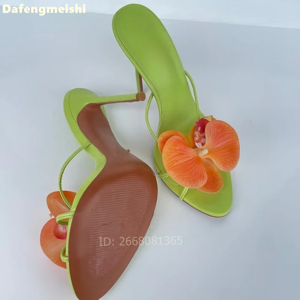 

Green Faux Leather Slippers Orange Orchid Flower Decor Open Toe Thin Stiletto Heel Slip On Summer Party Beach Fashion Sandals