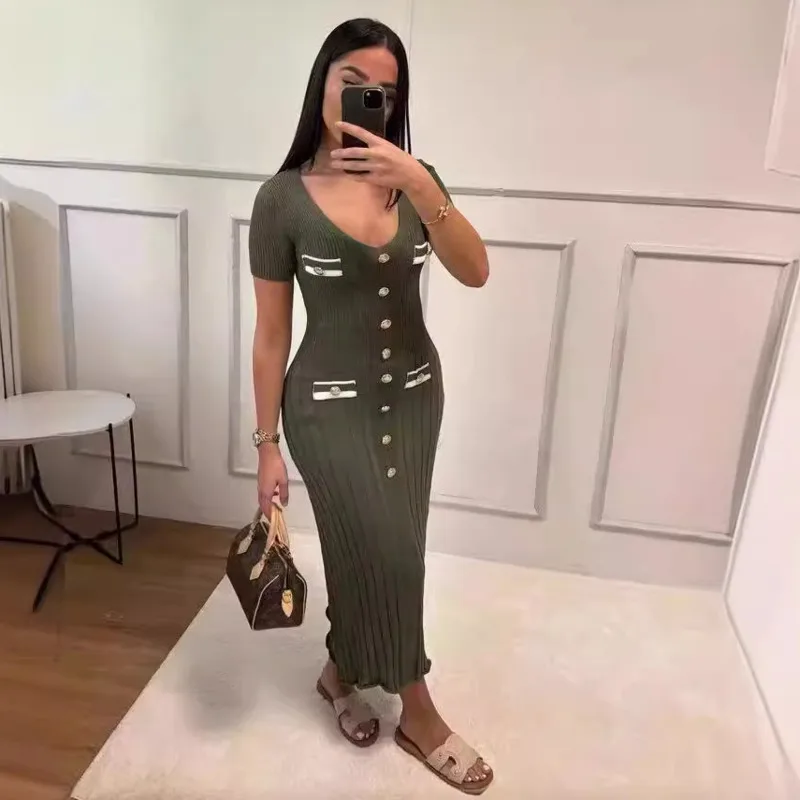 

Fashionable Button Slim Fit Elastic Dress For Women Summer Stripes Solid Color Short Sleeved V Neck Long Dress Sexy Street Skirt