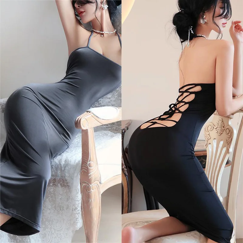 Erotic lingerie Elegant evening dress with suspender long skirt backless strap and strap women\'s ethical underwear l Sex shop