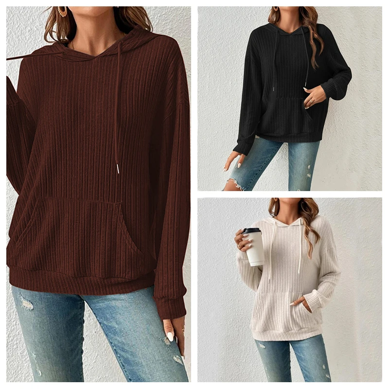 Autumn and winter new cross-border European and American women\'s knitwear hooded pit kangaroo pocket hoodie