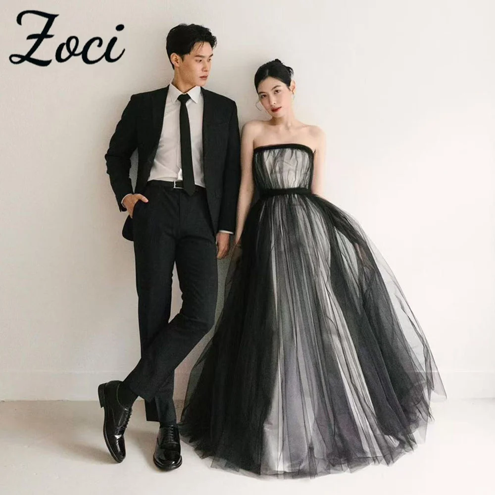 

Zoci Elegant Strapless Korea Formal Party Dresses Black White A Line Evening Gown Customized 이브닝드레스 Wedding Photos Shoot Dress