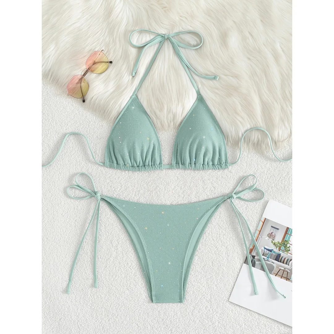 Glitzernder, funkelnder Neckholder-Bikini mit hohem Beinausschnitt, Damen-Badebekleidung, zweiteiliger Bikini-Set, Badeanzug, Badebekleidung, Schwimmbekleidung V5501R – Detail 32