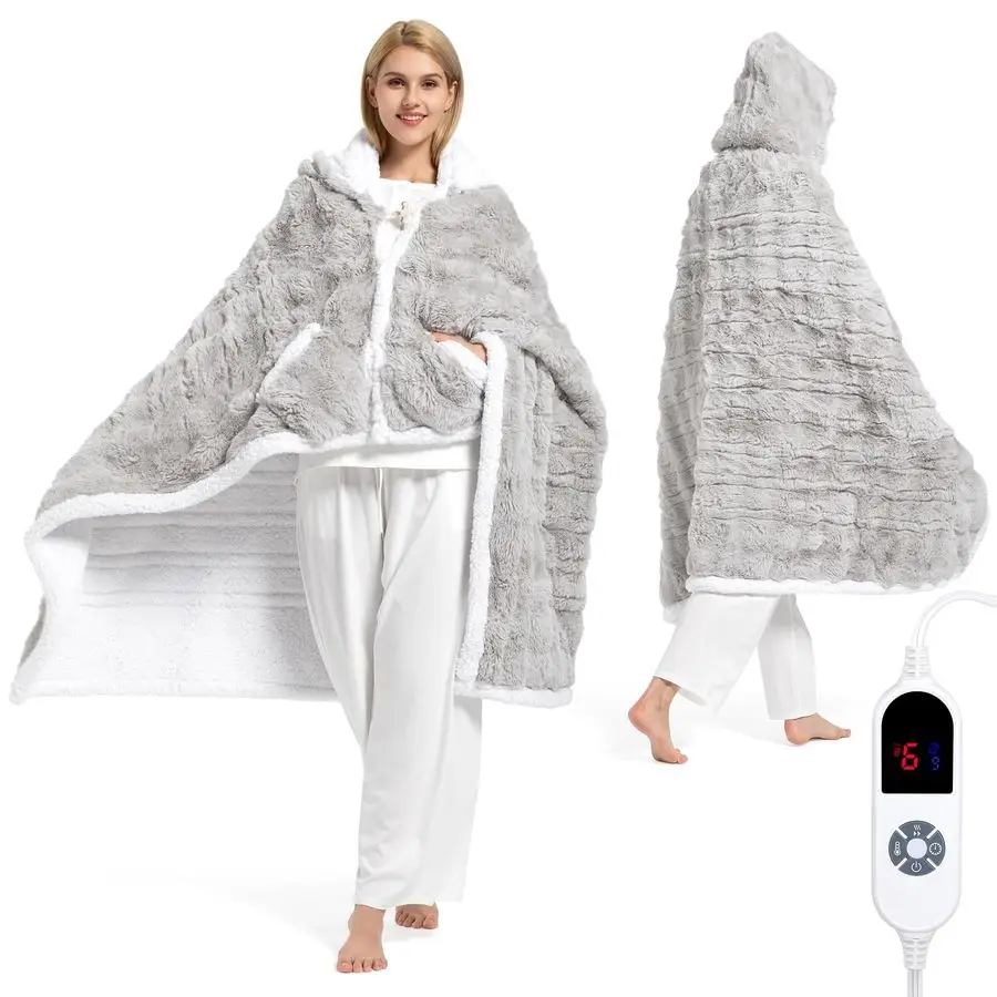 

Heated Blanket Hoodie, Luxury Faux Fur amp Sherpa Electric Throw Blanket, Heated Shawl Wraps Poncho with Pockets for Women Men,