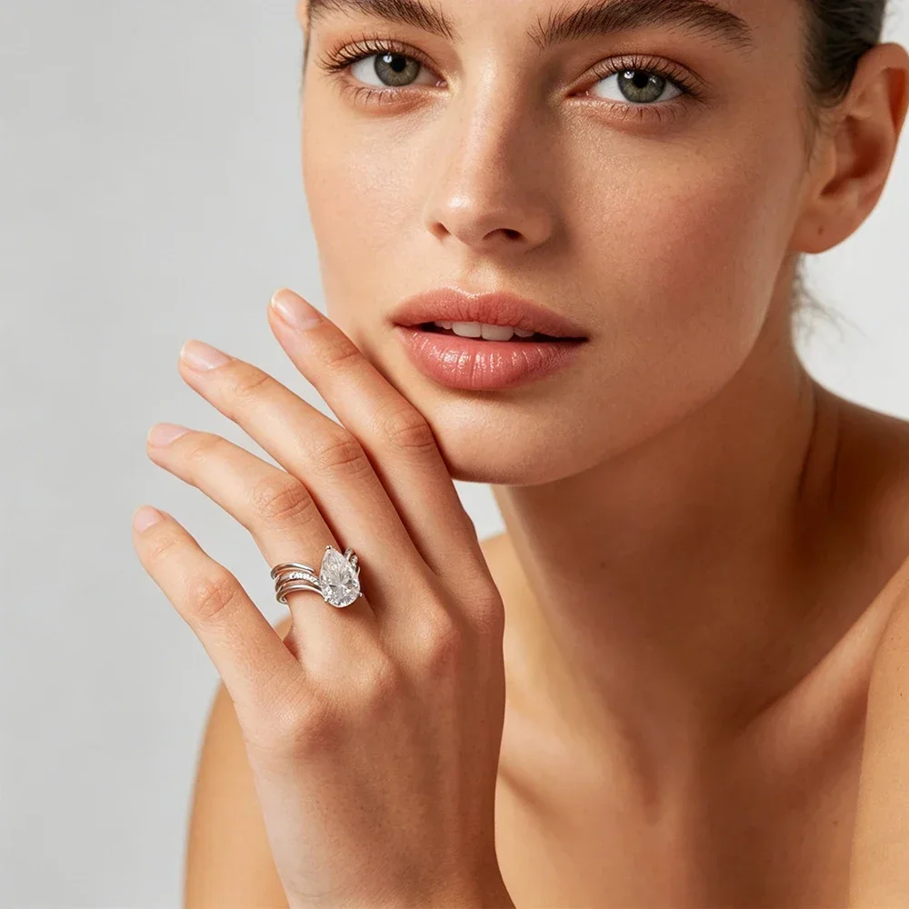FCGJHW 4CT Pear Moissanite Ring Set S925 Sterling Silver for Women WaterDrop Diamond Stacking Wedding Bands Gifts Jewelry 2026