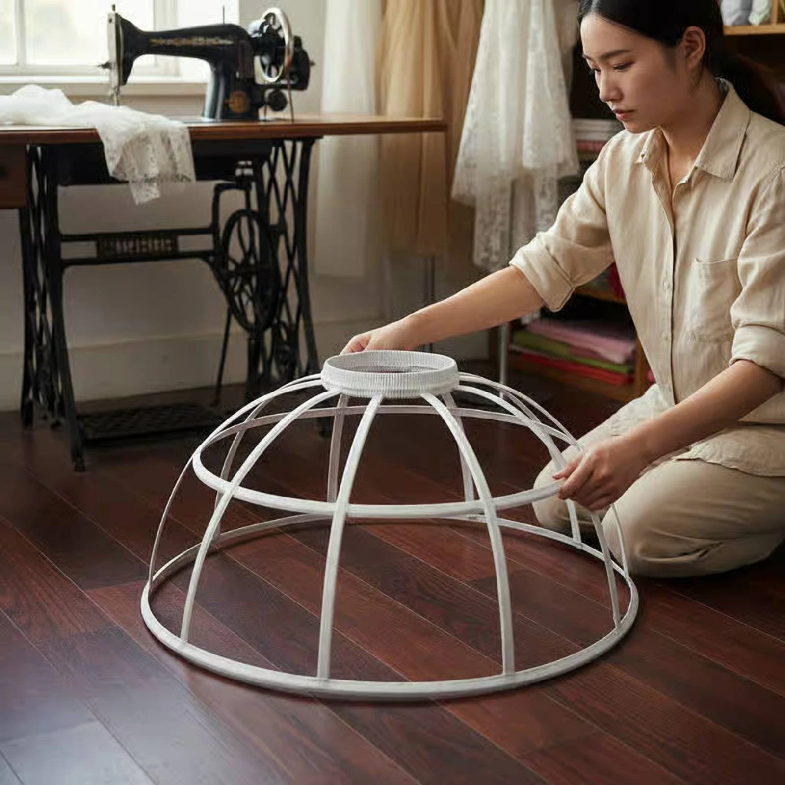 White Hoop Skirt Circular Frame Bell Outline Hoop Skirt Petticoat Vertical Bands Costume Support Structured