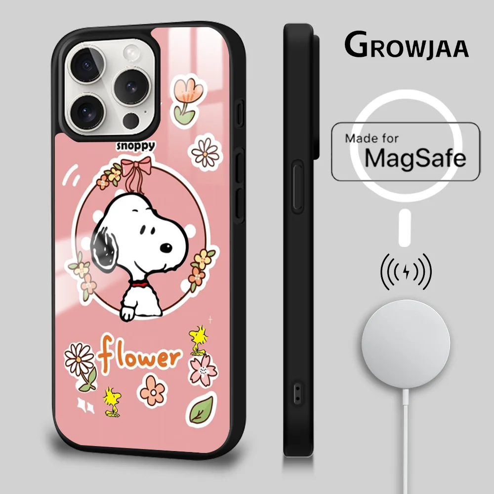 Cartoon S-Snoopys Magsafe Phone Case For iPhone 15 14 13 12 11 Pro Max Plus Mini Shockproof Mirror Wireless Magnetic Cover