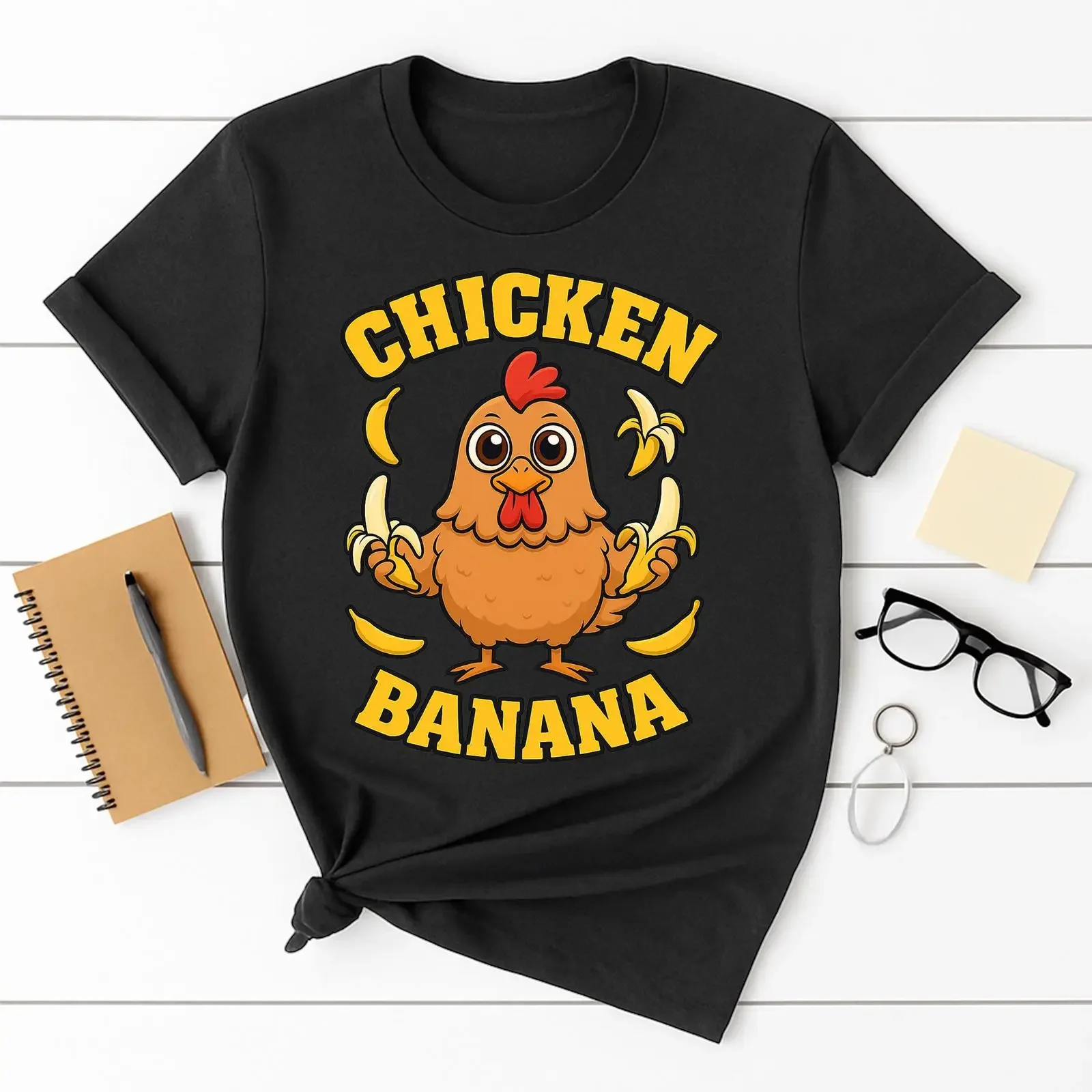 Funny Cartoon Chicken Banana Meme T Shirt Cute Animal Food Mashup Kawaii Humor for Kids Adults vintage Washed Unisex Slightly