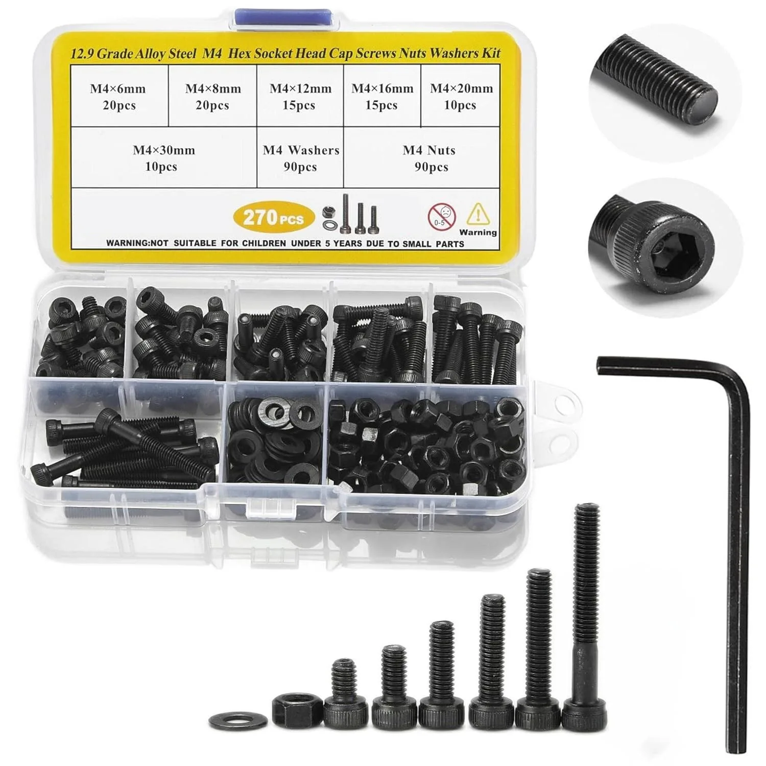 270Pcs M4 Cylinder Head Hex Socket Set M4x8-30 Screw Nut and Washer 12.9 Grade Black Cross Border