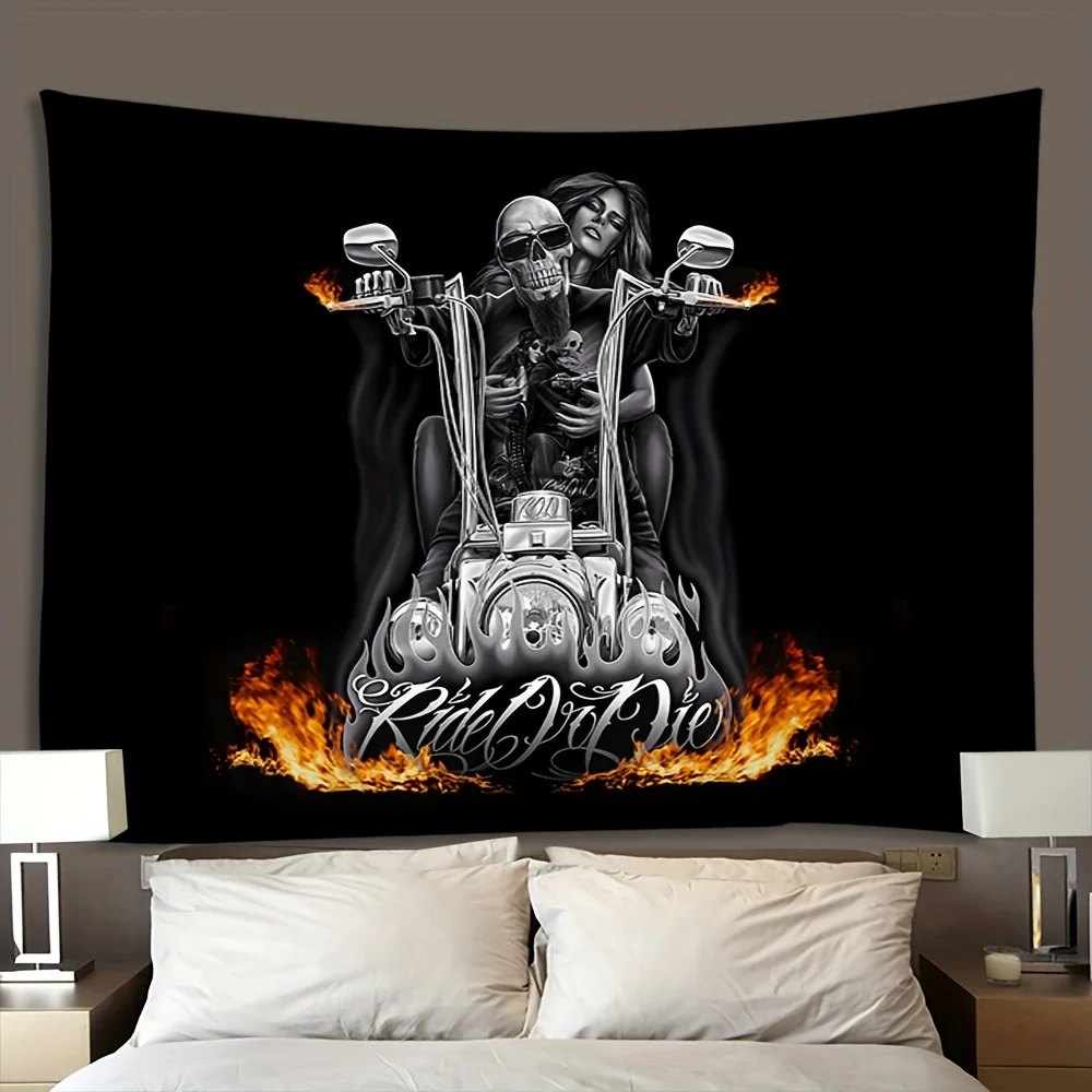 VIKAMA Skull Knight Motorcycle Tapestry Flaming Motorcycle Theme Bar Retro Industrial Style Living Room Decor