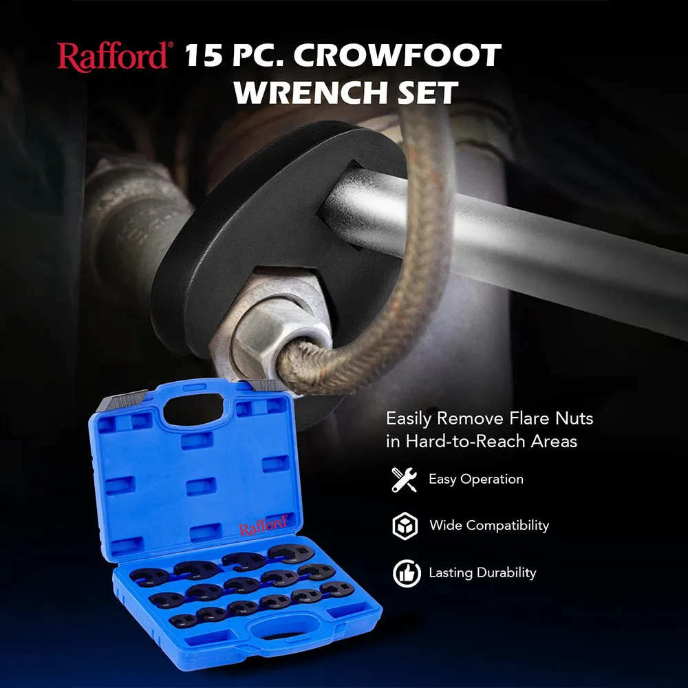 Rafford 15 pièces jeu de clés à pied-de-biche outil d'écrou évasé 8 à 24mm 1/2 3/8 "outil d'écrou évasé pour clés à cliquet à entraînement 3/8" et 1/2"