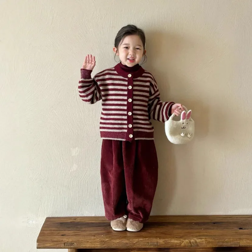 Girls Suit 2024 Winter New Childrens Wear Korean Style Baby Girl Striped Sweater Cardigan Corduvet Pants Two-piece Set