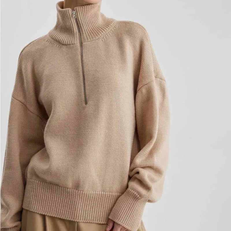 

Women's Thick Warm Turtleneck Zipper Knitted Sweater Casual Winter Jumper Soft Classic Solid Khaki Blue White