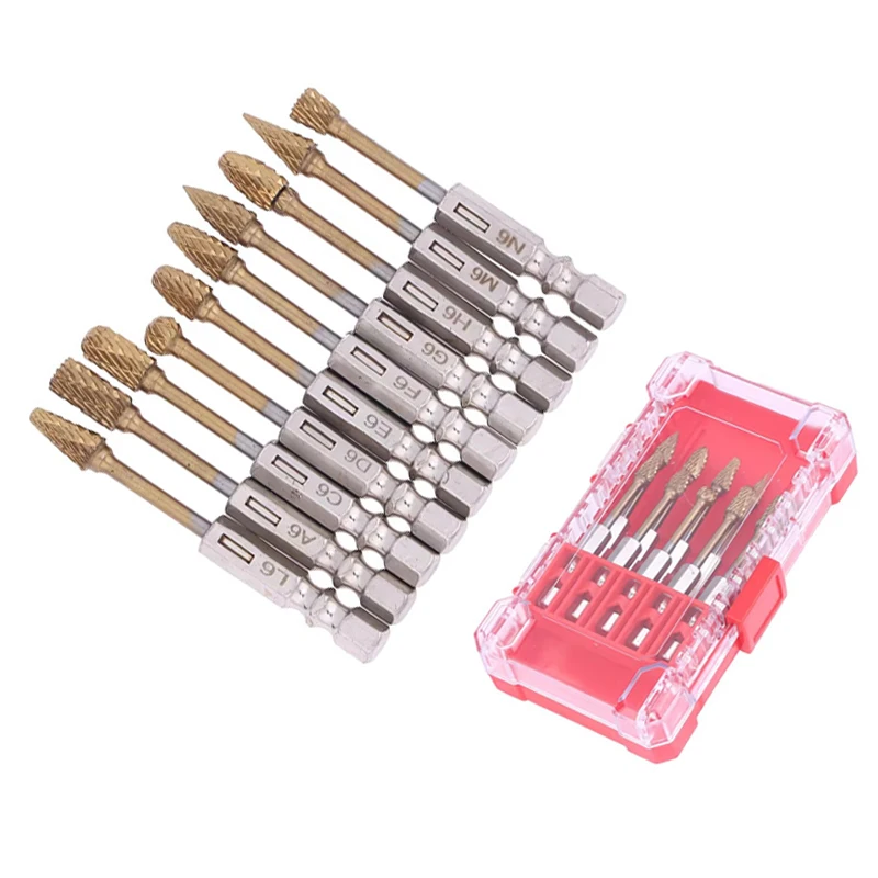 

10Pcs Titanium Coated Carbide Rotary Burr Set - Hex Shank Double Cut Tungsten Grinding Heads with Plastic Case for Metalworking