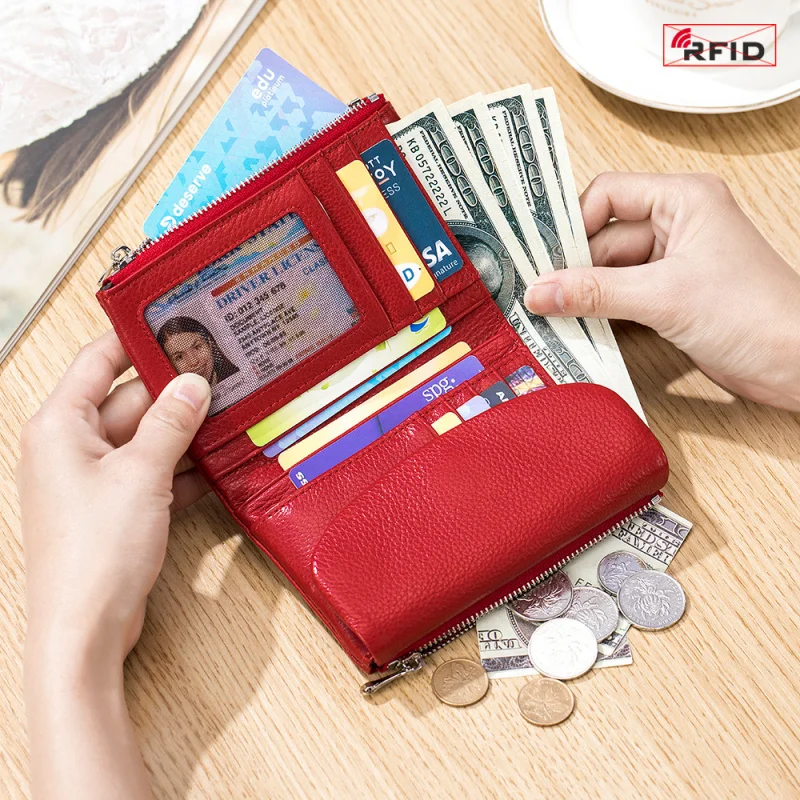 Western RFID Blocking Cowhide Leather Short Women Wallet Large Capacity Card Holder Coin Purse for Ladies