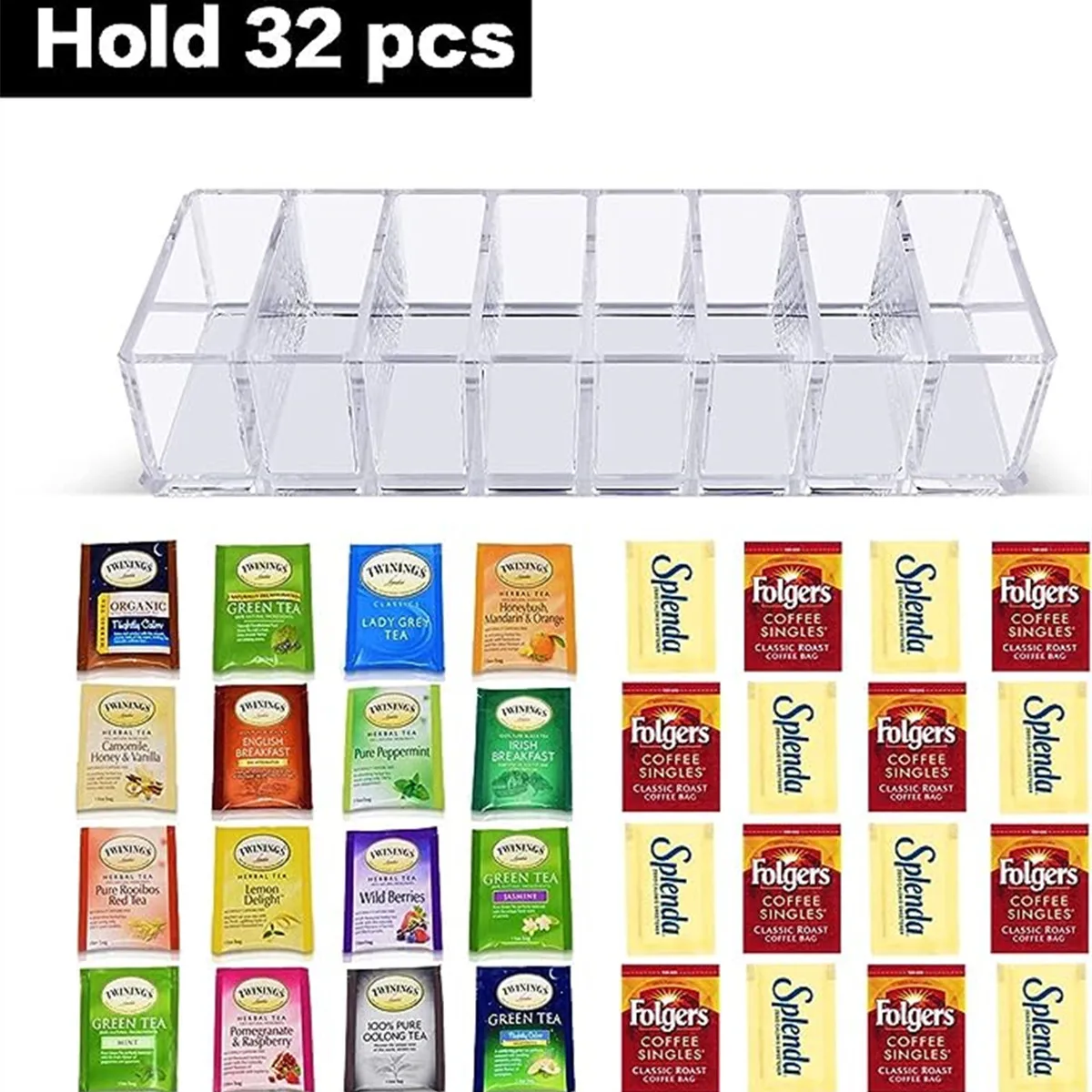 1 Piece of 8-Compartment Tea Bag Storage Box, Acrylic Instant Coffee Milk Tea Bag Storage Rack (Excluding Tea Bag), Cosmetics Display Rack Drawer