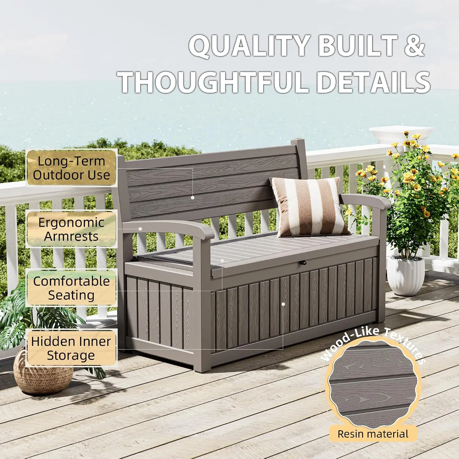 80 Gallon Lockable Deck Bench with Storage, Resin Stripes Outdoor Storage Box for Cushions Garden Tools and Pool Supplies Grey view 3