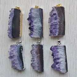 Beautiful Natural amethyst stone Slice Druzys Energy Healing  irregular Rectangle pendants for jewelry making Wholesale 6pcs/lot
