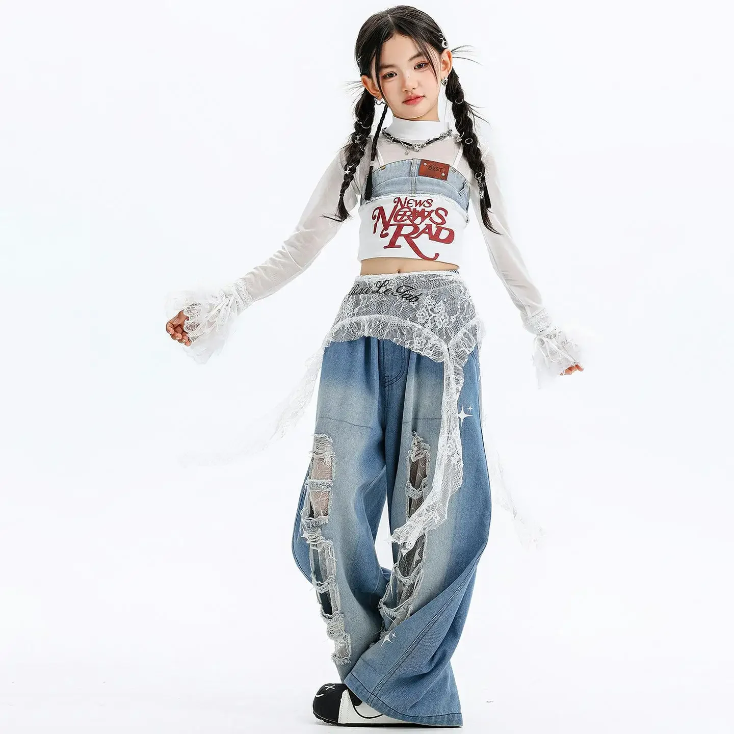 

Детский костюм для уличных танцев в стиле джаз, хип-хоп, одежда для выступлений в групповом стиле для девочек, детские кружевные рваные джинсы, топы, детская одежда 4-17 лет