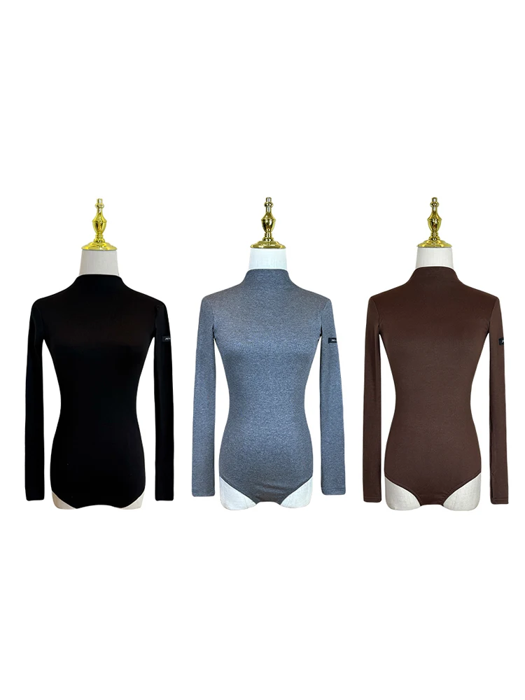 2025년 신상 여성용 라틴 댄스 탑 긴 소매 하이넥 바디수트 차차 룸바 탱고 성인 여성 라틴 댄스 의류 DQS21084