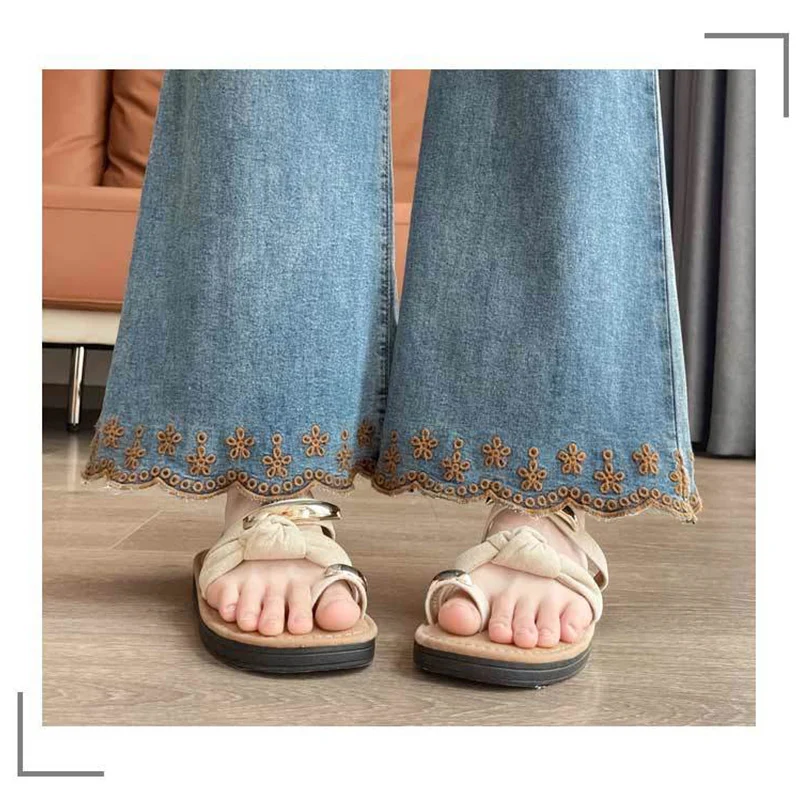 Jean taille haute avec boutons et fermeture éclair pour femme, vêtement assorti avec tout, Style chinois, jambes larges brodées, nouvelle mode coréenne automne 2025