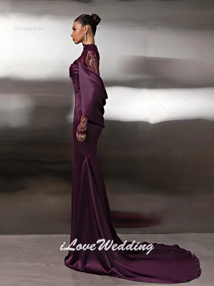 Elegante roxo sereia vestidos de noite alta pescoço até o chão mangas compridas vestido de ocasião formal فساتmaveraPersonalizzato