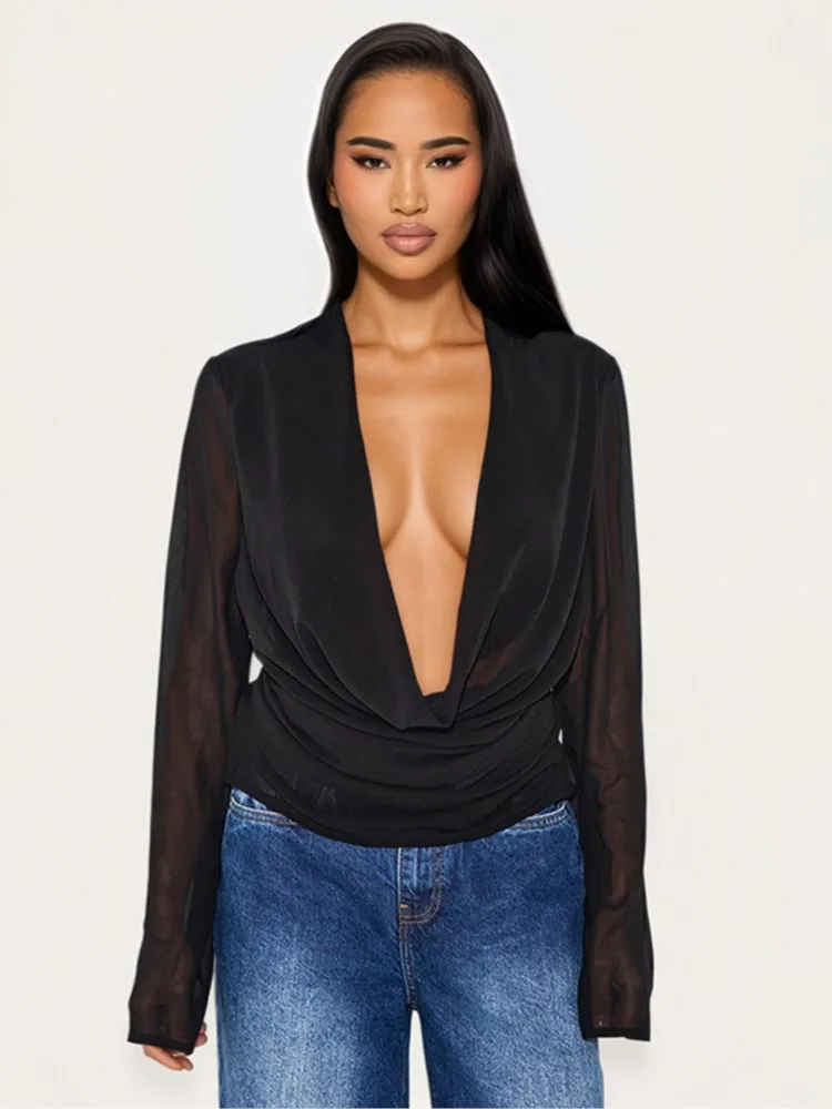 

2025 Elegant Blusas Top French Intellect Shirt Sexy Temperament Commuting Pullovers Mesh Drag The Lead Simple Style Long Sleeves