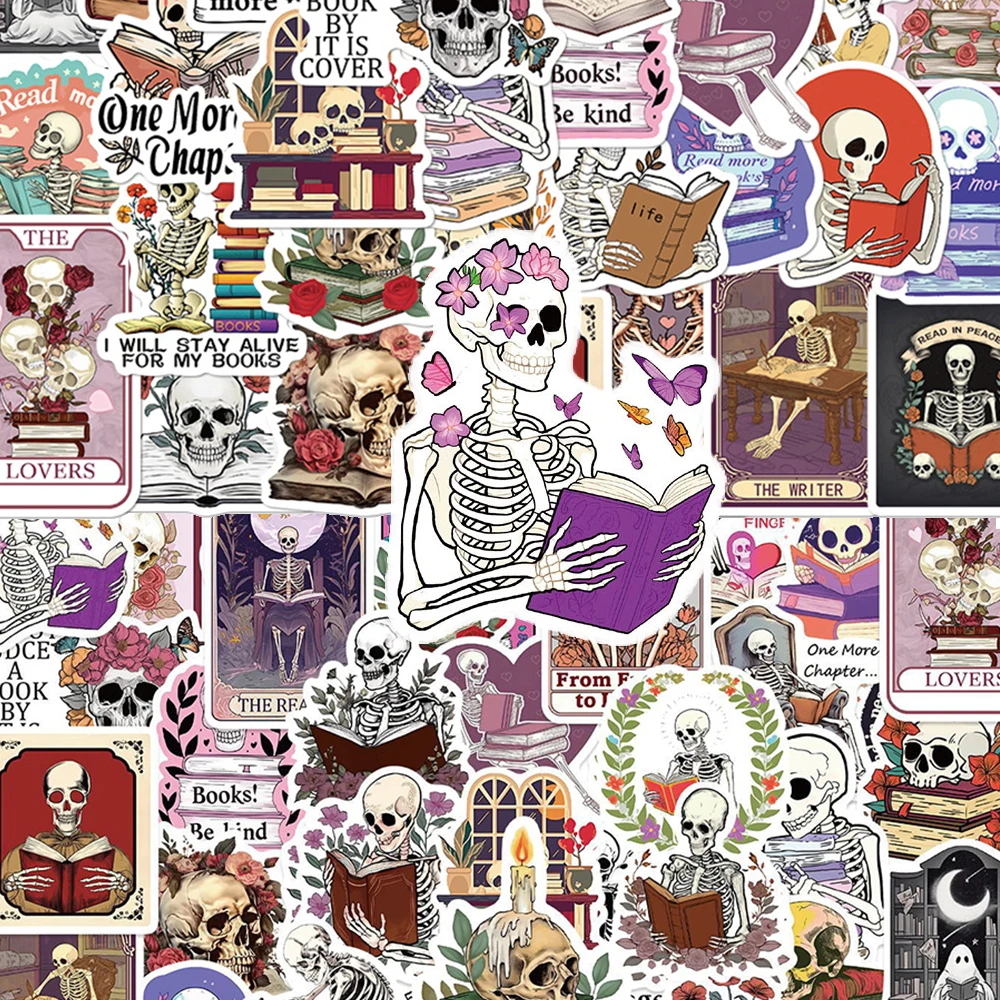 10/30/50pcs Skeleton Skull Reading Book Stickers Cartoon Gothic Aesthetic Sticker DIY Scrapbook Guitar Phone Waterproof Decals