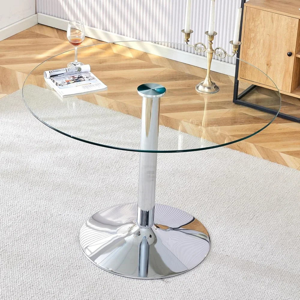 

Round Glass Dining Table,42" Round Cocktail Table with Tempered Glass Table Top,Sturdy Silver Chrome Pole Support,Clear Small