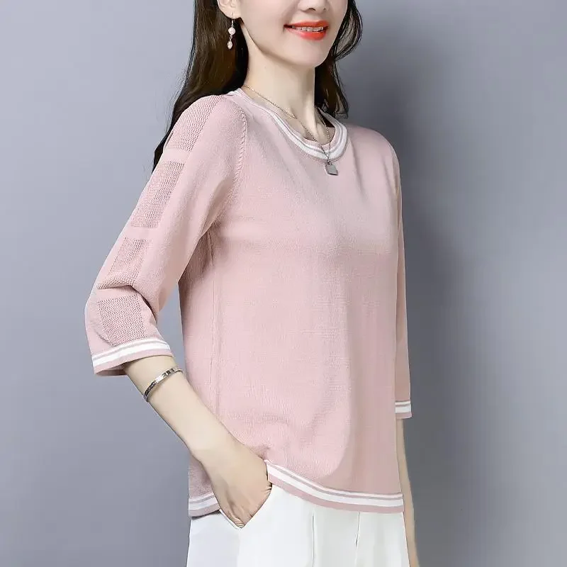 

2024 Summer Fashionable Temperament Commuting Simple Round Neck Hollowed Out Three Quarter Versatile Casual Solid Color T-shirt