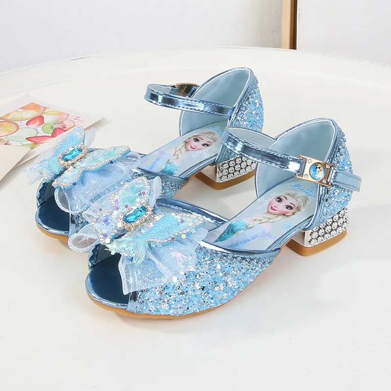 Disney Girls\' Princess Sandals Shoes Frozen Elsa Children\'s Shoes Girls Fashion Baby Pink Blue High Heel Shoes Size 24-37