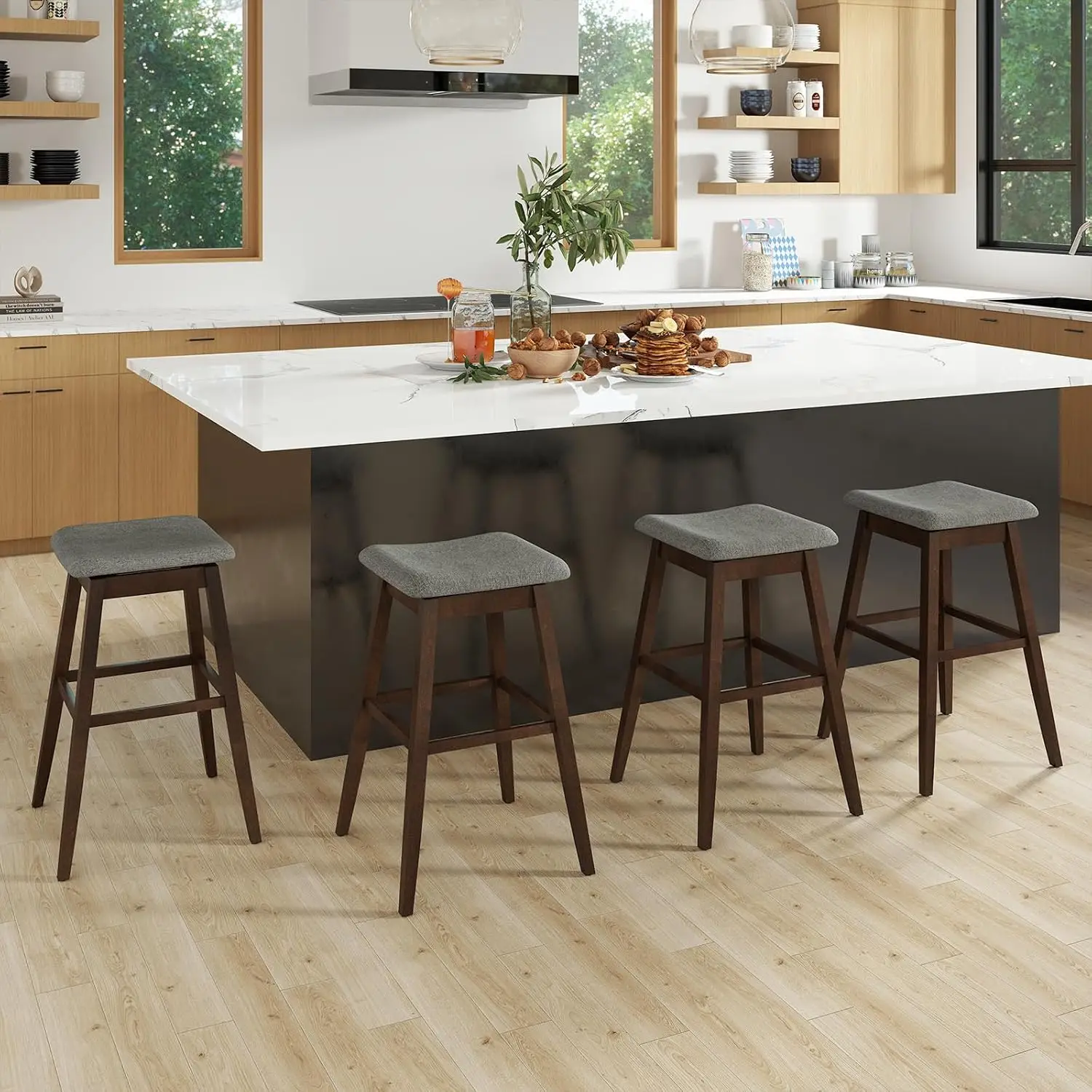 Backless Swivel Bar Stools 4-Pack, 30-inch Padded Seat, Rubber Wood Legs & Footrest, Linen Kitchen Counter Stool, Grey+Brown, Cu