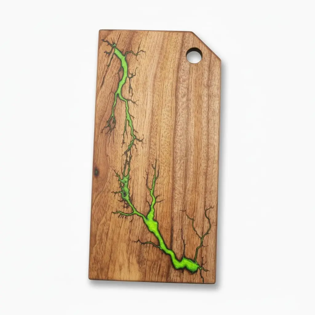 

Acacia Wood Charcuterie Board 16x8 Inch Green Fractal Burn Epoxy Resin Serving Grazing and Cutting Board
