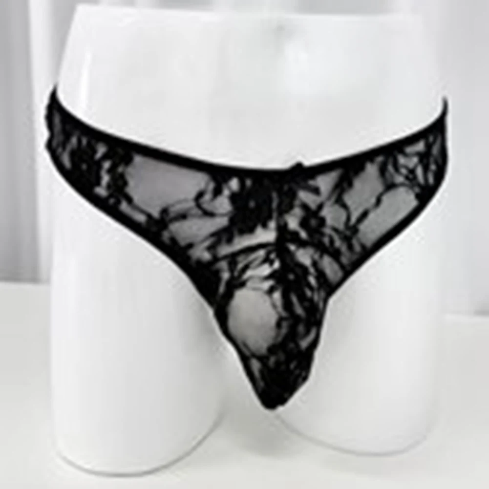 1pc Man Lace Mesh Sexy Pantie Underwear Sissy Thong Tanga Bow Tie Underpants Sheer G-String U Shape Pouch Black T-back