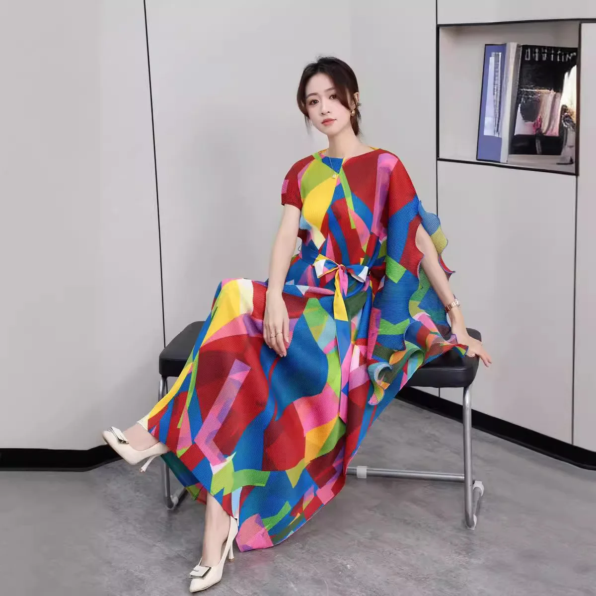 

Miyake Pleated High-end Color Matching Dress Elegant Clothes Fashion Spring and Summer 2024 New Medium Long Dresses for Women